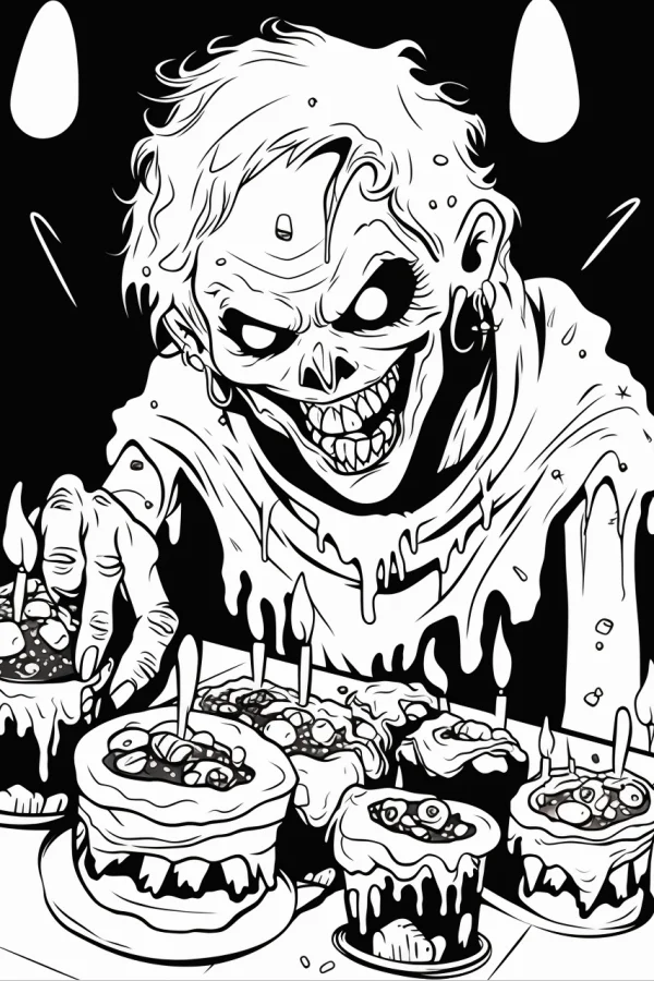 Horror skull-faced monster with messy short hair and big earrings, reaching for birthday cakes and cupcakes decorated with eyeballs and candles — free printable birthday coloring book page