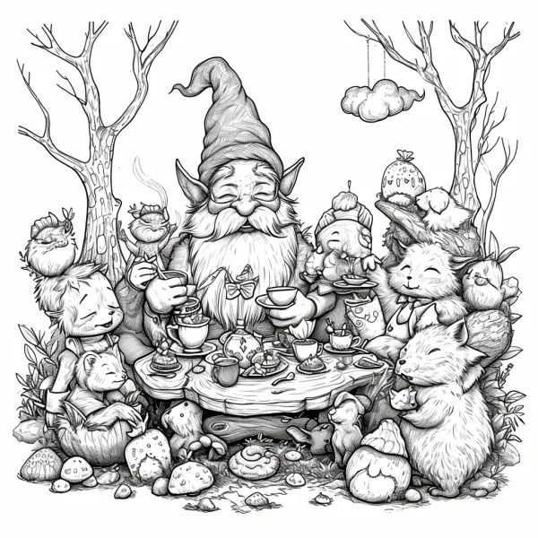 Gnome having a picnic with cute forest animals including rabbits, bears — free printable picnic coloring book page