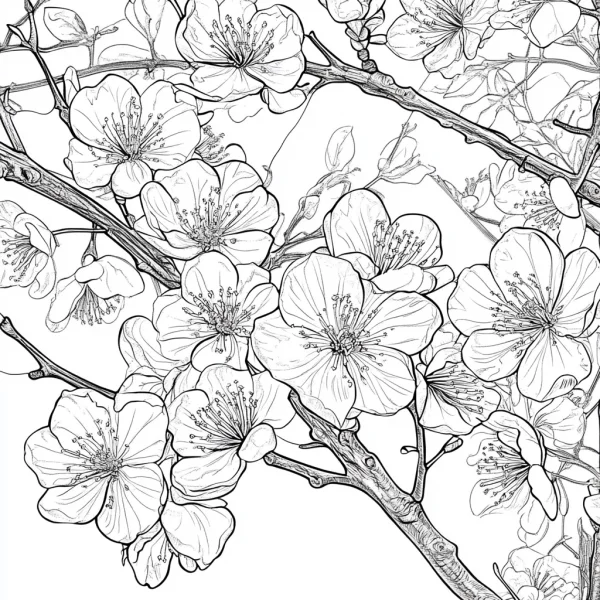 Cherry blossom branch with blooming flowers and buds, sketch style — free printable spring coloring book page