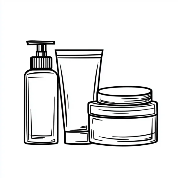 Set of skincare and cosmetic containers including pump bottle, squeeze tube — free printable beauty care coloring book page