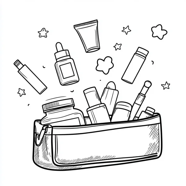 Makeup bag filled with various cosmetics including serum bottle, cream tube — free printable beauty coloring book page