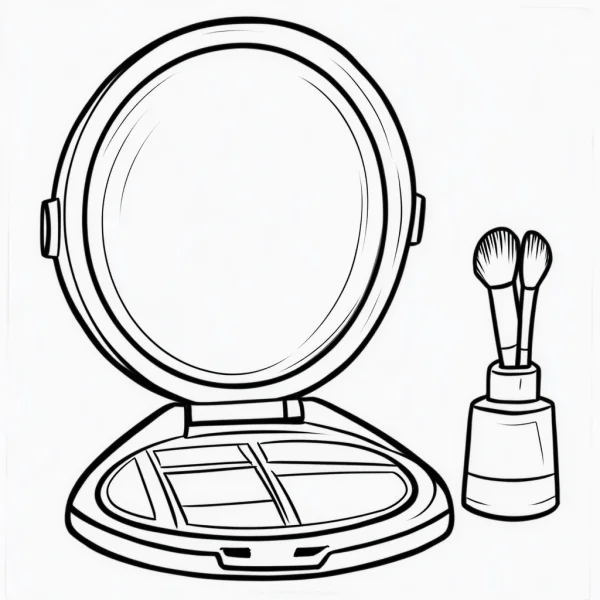 Compact powder with mirror and makeup brushes in a holder, cartoon style — free printable beauty coloring book page