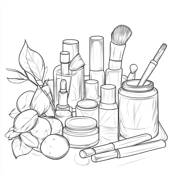 Collection of makeup products and tools, realistic sketch style — free printable beauty coloring book page