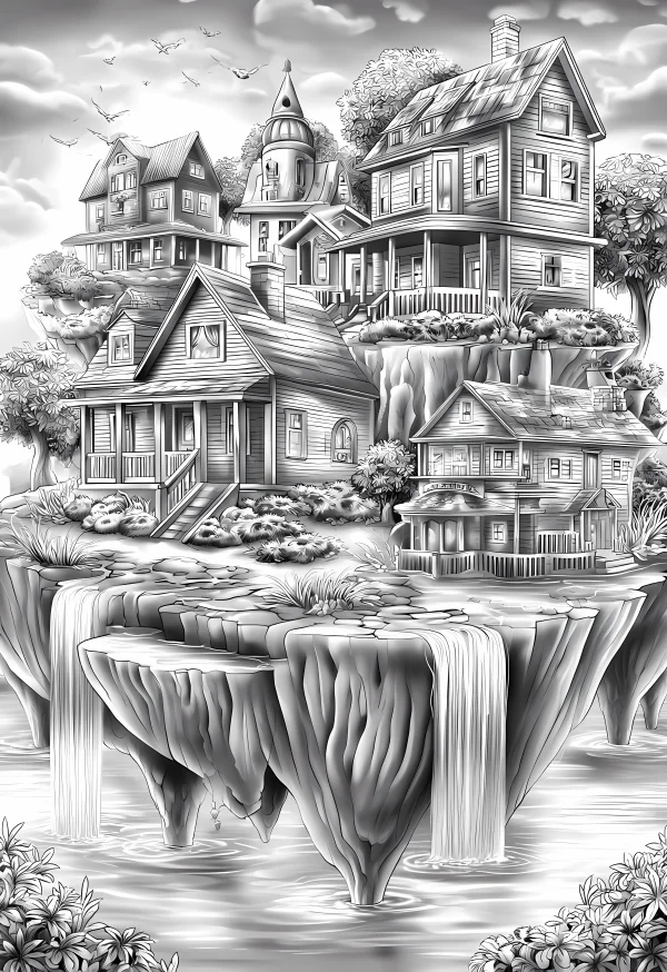 Floating island with rural houses and tower, fantasy illustration style — free printable countryside coloring book page
