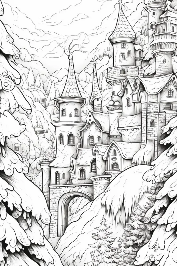 Snow-covered fairy tale castle with spire towers, fairy tale style — free printable castle coloring book page