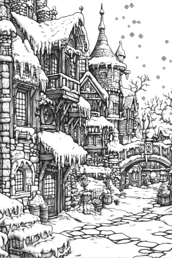 Snow-covered fairy tale town street with stone houses and icicles, sketch and fairy tale art style — free printable town scenery coloring book page