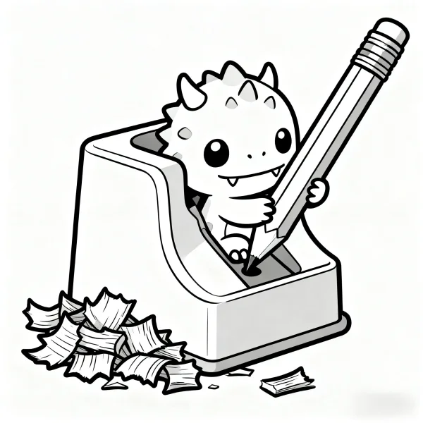 Coloring book page, cartoon little dinosaur inside a pencil sharpener holding a pencil — free printable learning coloring book page