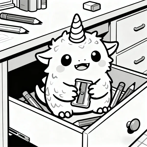 Cute little unicorn inside a desk drawer holding a pencil sharpener, cartoon style — free printable daily coloring book page