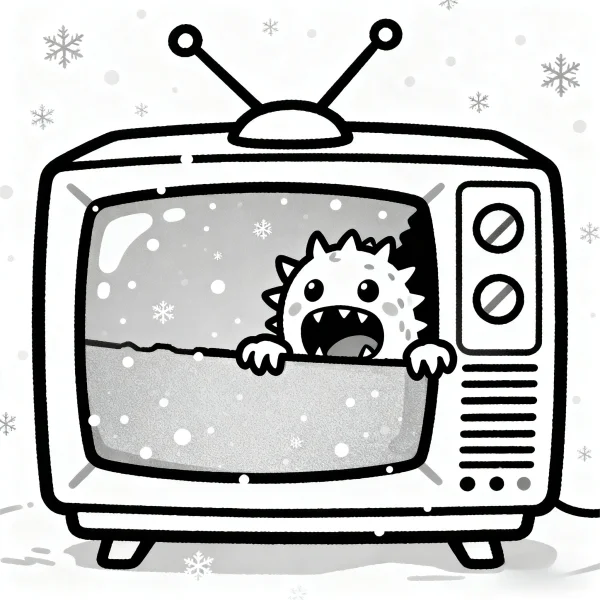 Cute cartoon monster in old vintage television, winter snow scene with floating snowflakes — free printable cartoon coloring book page