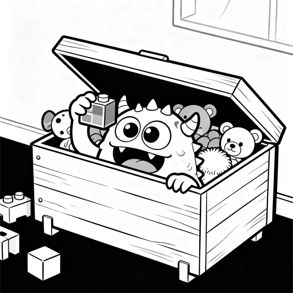 Cute little monster in a wooden toy chest with stuffed teddy bears and building blocks, cartoon style — free printable children's life coloring book page