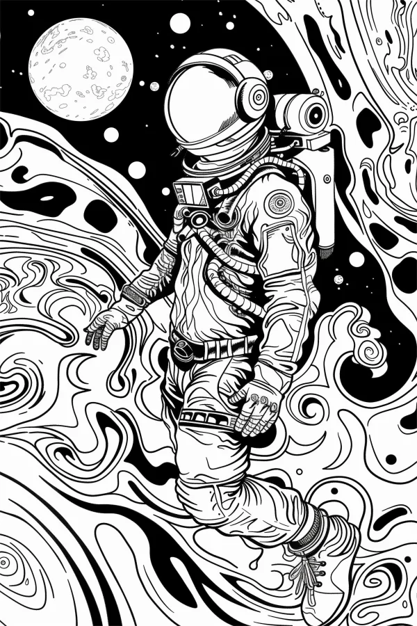 Space astronaut in swirling cosmic nebula, sci-fi style — free printable universe coloring book page