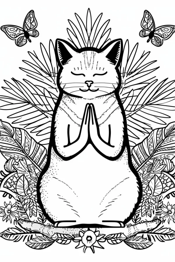 Meditating cat with praying paws, cartoon style — free printable yoga coloring book page