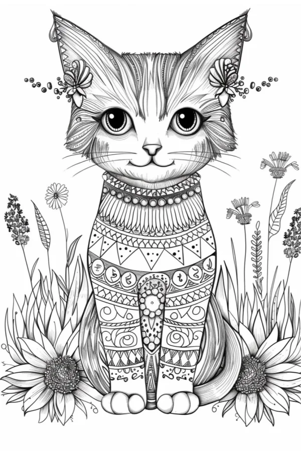 Cute cat with bohemian ethnic patterns, surrounded by sunflowers and wild flowers — free printable ethnic culture coloring book page