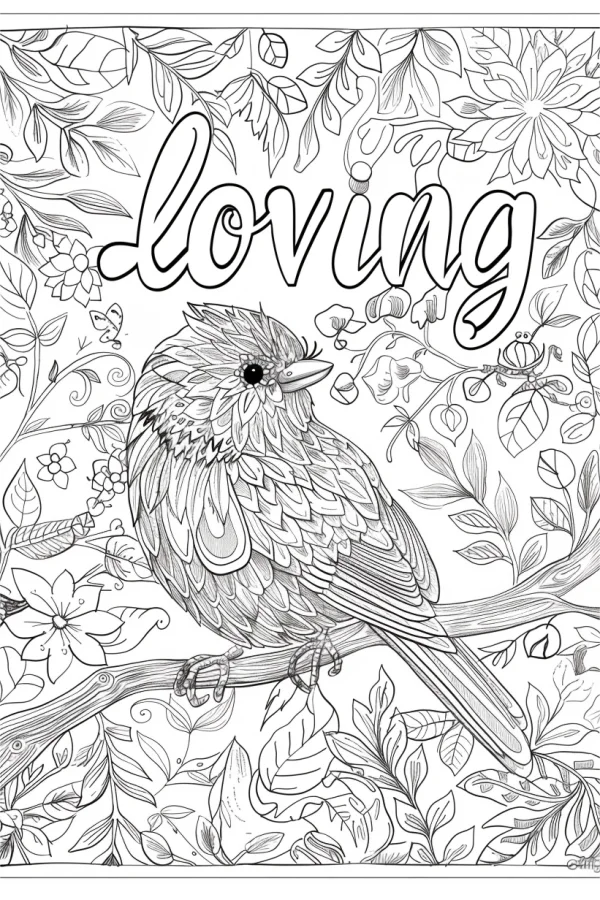 Cute bird perched on a tree branch, surrounded by flowers — free printable warmth coloring book page