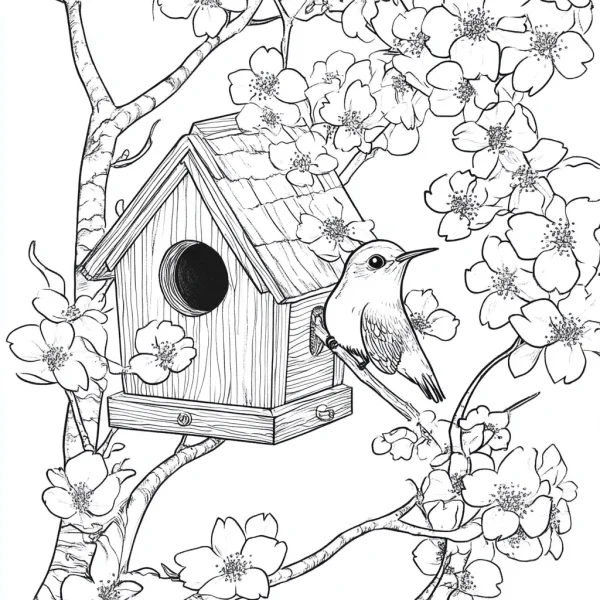 Hummingbird perched on branch next to wooden birdhouse, surrounded by blooming dogwood flowers — free printable pastoral coloring book page