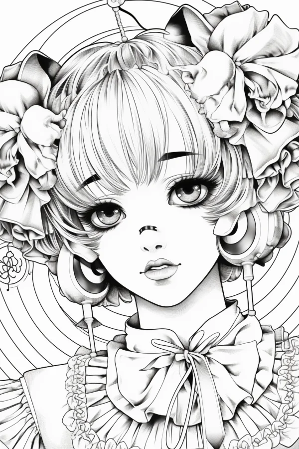 Japanese rococo style anime girl with flower hair accessories and bow tie, intricate line art with ruffled collar and spiral background patterns — free printable girl coloring book page