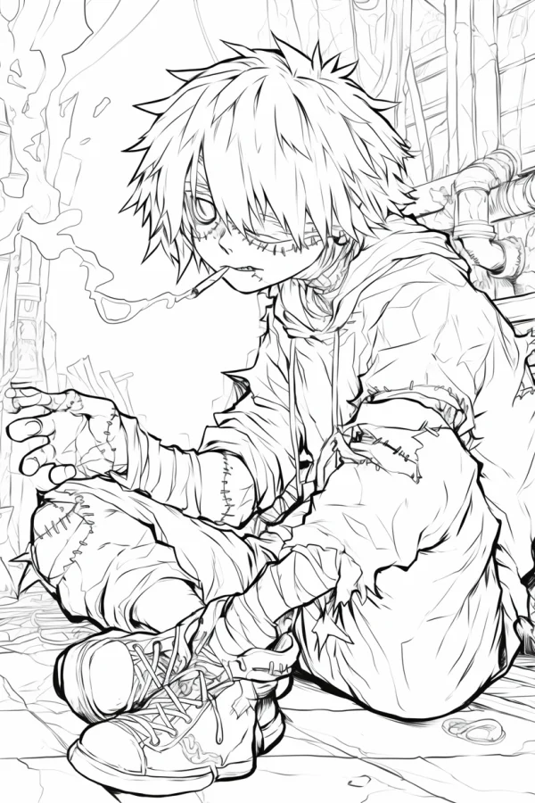 Stitched dark anime boy sitting in a dilapidated alley with broken pipes, anime dark style — free printable anime coloring book page