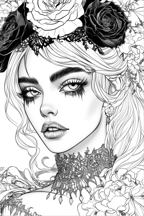 Gothic style girl with black and white roses on head, intricate lace choker and shoulder decorations — free printable goth culture coloring book page