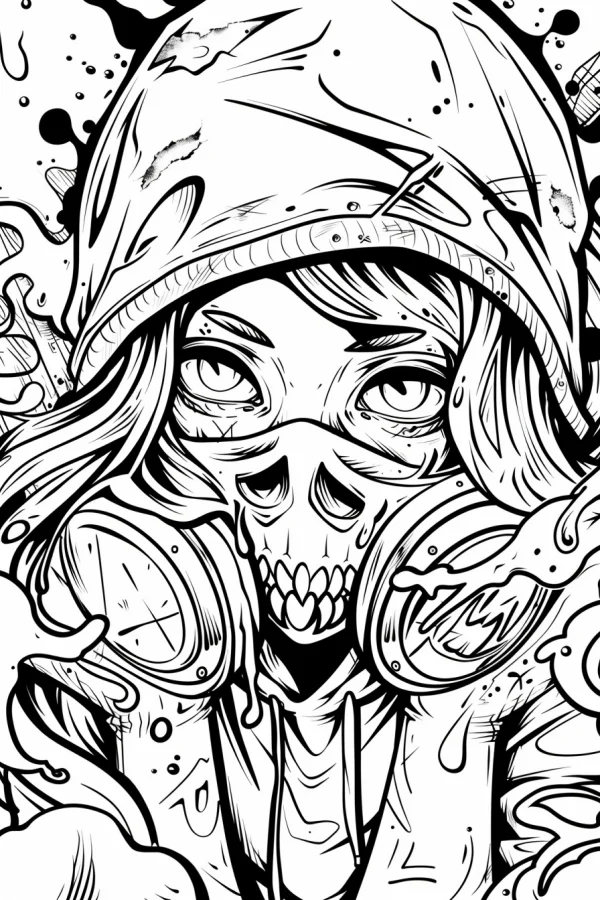 Character with skull gas mask and hoodie, street graffiti art style — free printable street graffiti coloring book page