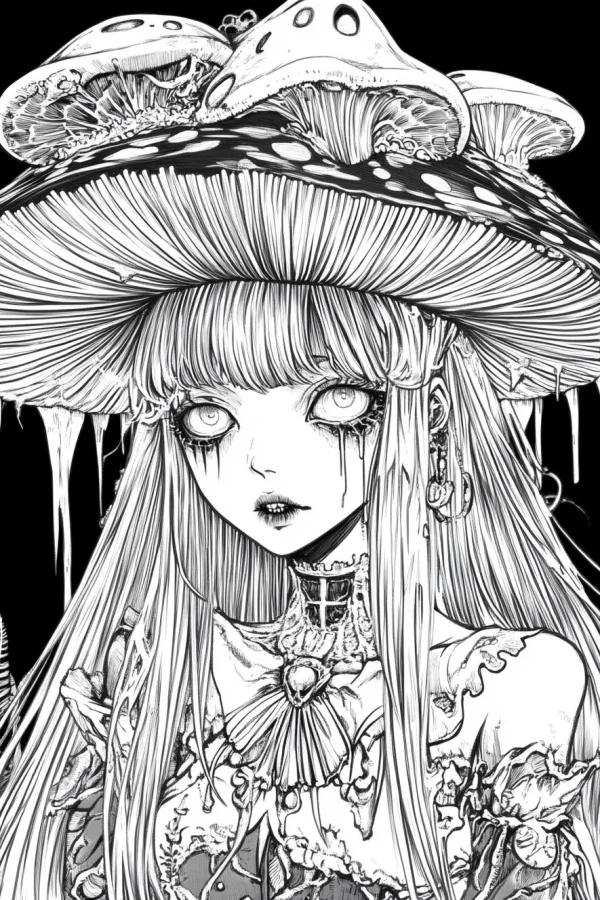 Dark mushroom girl, gothic fantasy style — free printable dark coloring book page