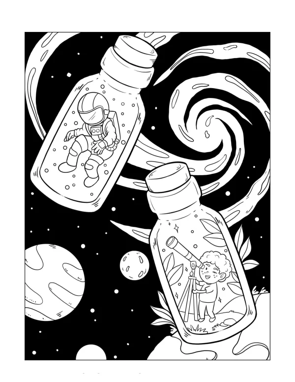Astronaut in glass bottle and curly-haired kid with telescope in another glass bottle, cartoon sci-fi style — free printable innocence coloring book page