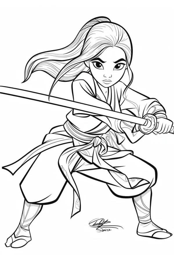 Chinese warrior girl holding a sword in dynamic pose, cartoon style with chinese traditional costume — free printable martial arts coloring book page