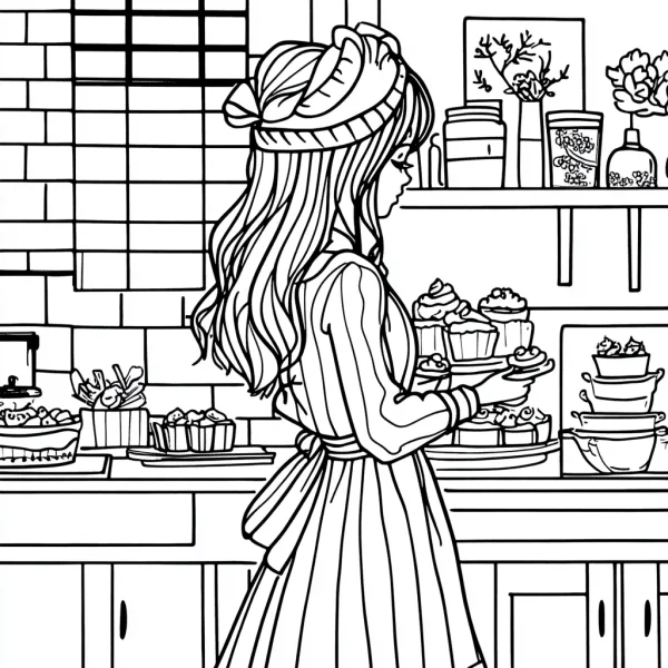 Girl baking desserts in kitchen, cartoon style — free printable cooking coloring book page