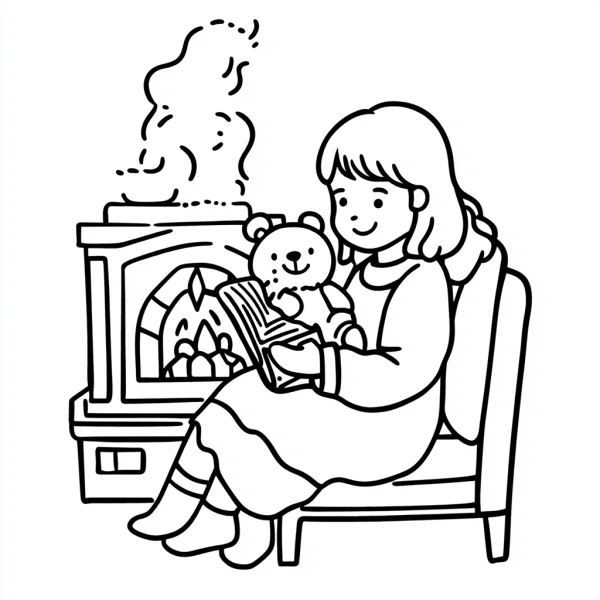 Girl reading with teddy bear by fireplace, cartoon style — free printable daily life coloring book page