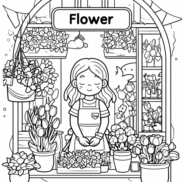 Girl in flower shop, cartoon style — free printable daily life coloring book page