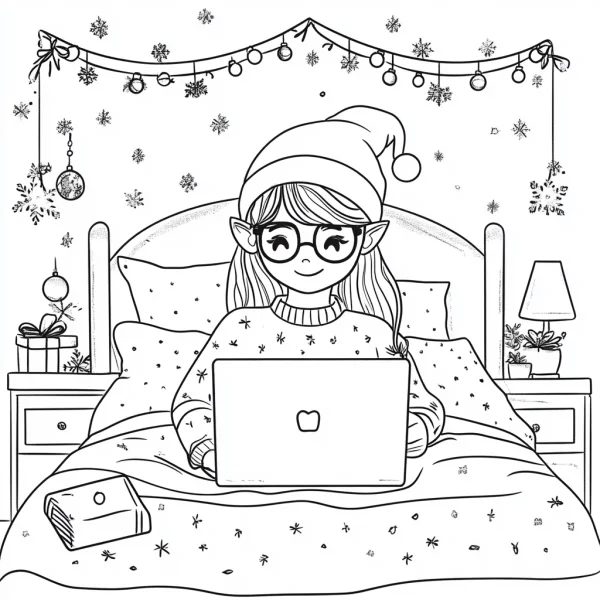Elf girl wearing santa hat and glasses using laptop in bed, cartoon style — free printable elves coloring book page