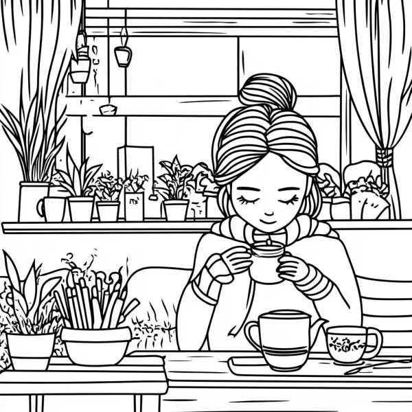 Girl holding teacup by the window, cartoon style — free printable home life coloring book page