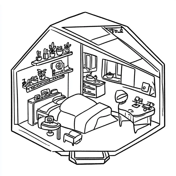 Isometric bedroom interior scene, realistic line art style — free printable home living coloring book page