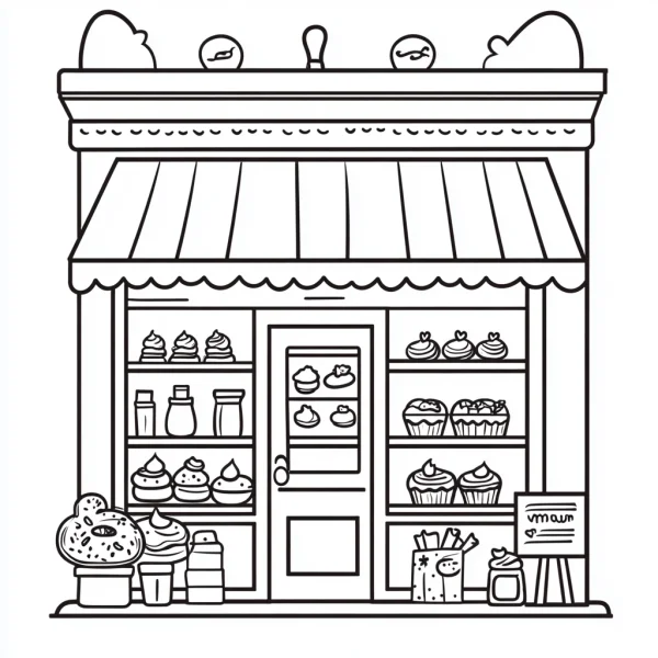 Cute dessert shop front filled with various pastries like cupcakes, donuts and cakes — free printable life scenes coloring book page
