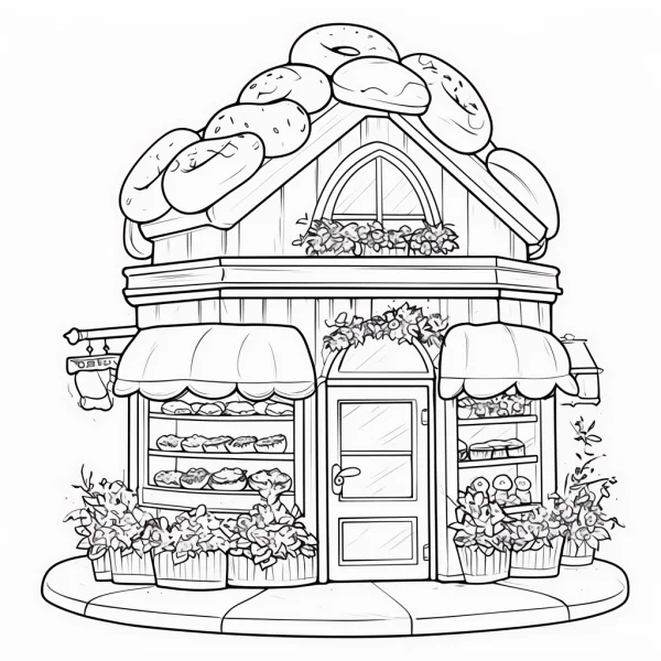 Cute bakery shop house with bread and donuts on roof, cartoon style — free printable shops coloring book page
