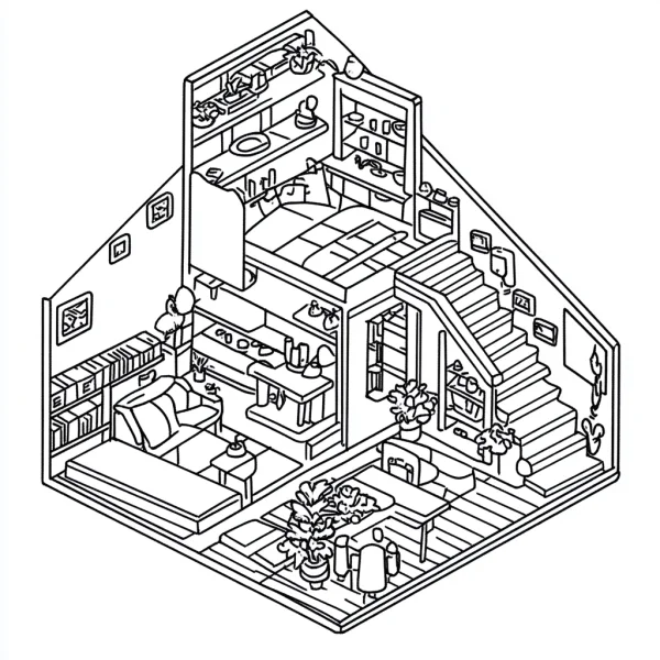 Isometric small house interior scene with sofa, bookshelf — free printable home living coloring book page