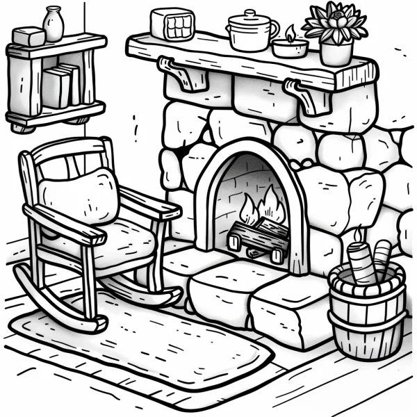 Cozy indoor scene with rocking chair and fireplace, cartoon sketch style — free printable home living coloring book page