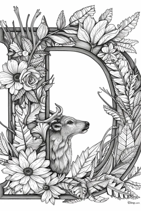 Letter d surrounded by deer head and various natural plants including daisies, roses — free printable letter art coloring book page