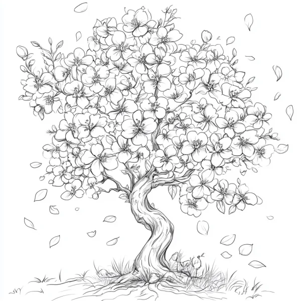 Blooming tree with full blossoms, spring natural scenery — free printable spring coloring book page