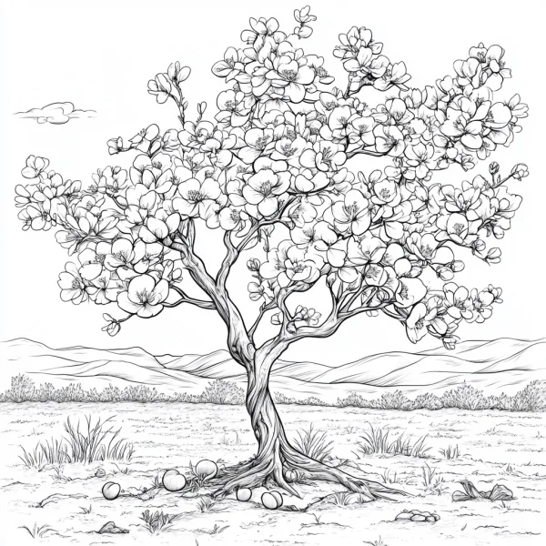 Blooming tree with full flowers, sketch style — free printable flower season coloring book page