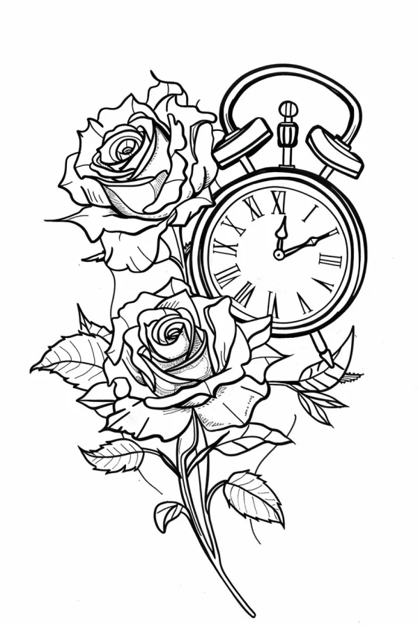 Vintage pocket watch with blooming roses, retro style — free printable items coloring book page