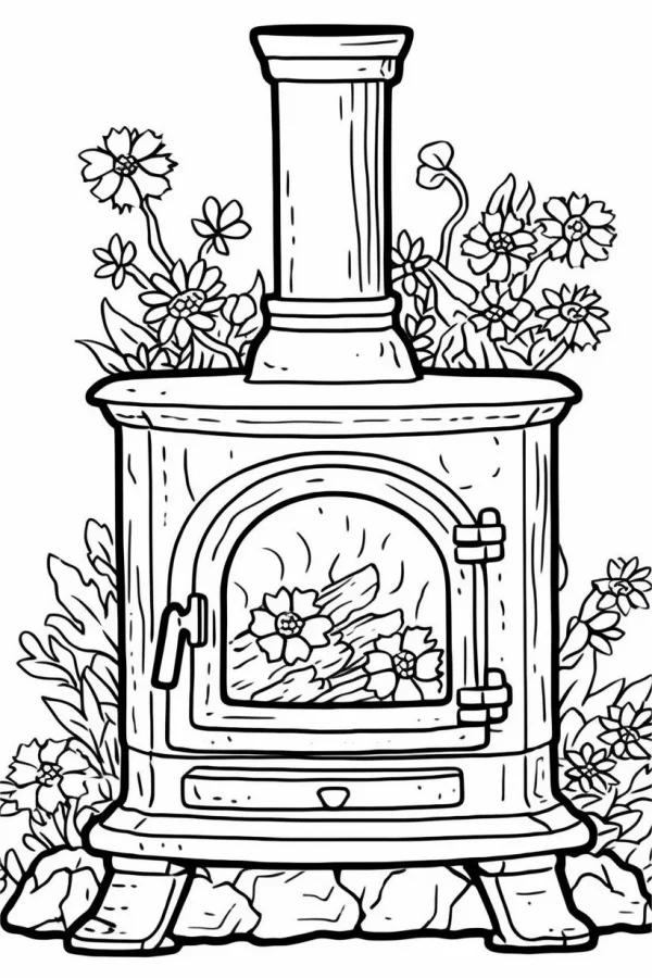 Vintage wood stove surrounded by various flowers and leaves, cartoon style — free printable home living coloring book page