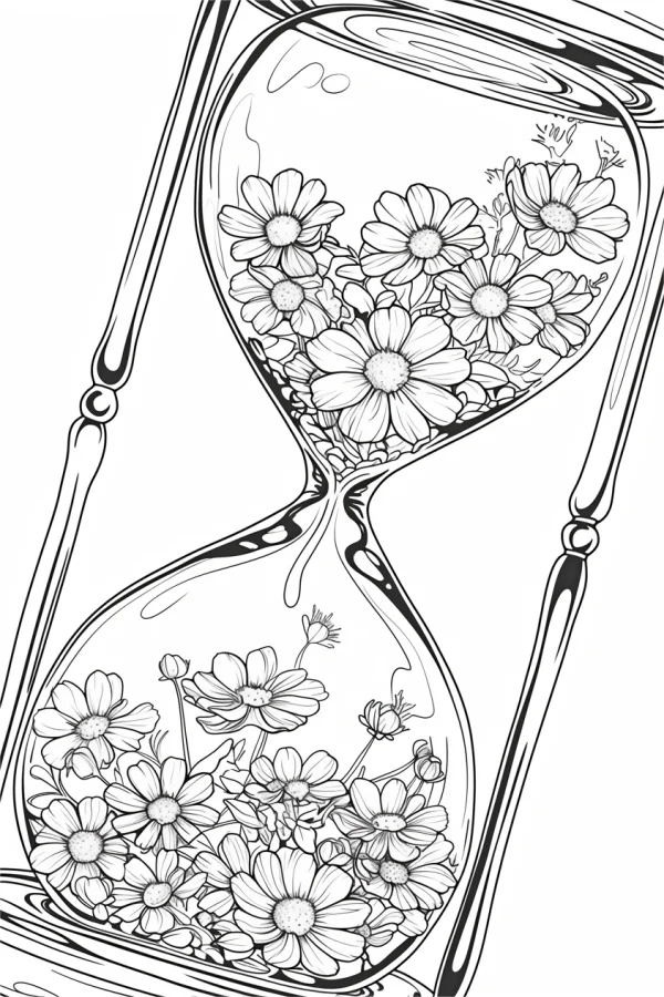 Hourglass filled with daisies, line art style — free printable time coloring book page