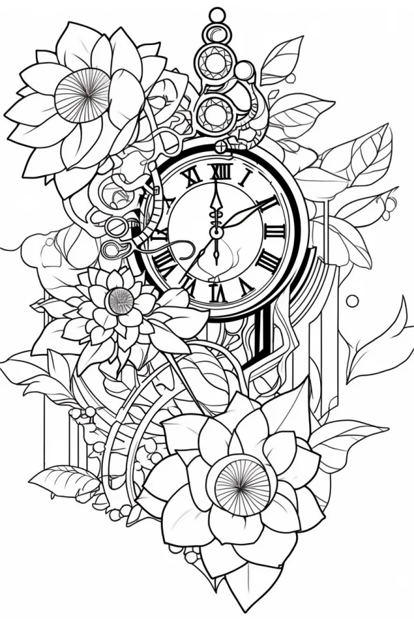 Steampunk clock surrounded by large and small flowers with leaves, steampunk style — free printable steampunk coloring book page