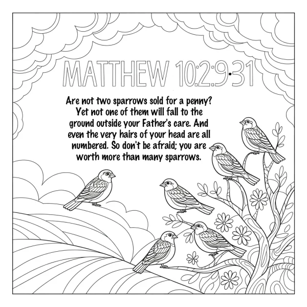 Group of sparrows with bible verse matthew 10:29-31, sketch illustration style — free printable birds coloring book page