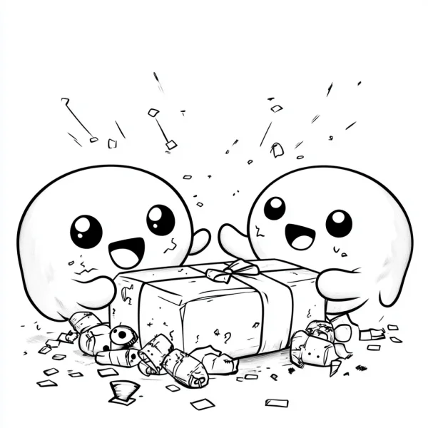 Two cute cartoon characters unwrapping a gift box, cartoon style — free printable party coloring book page