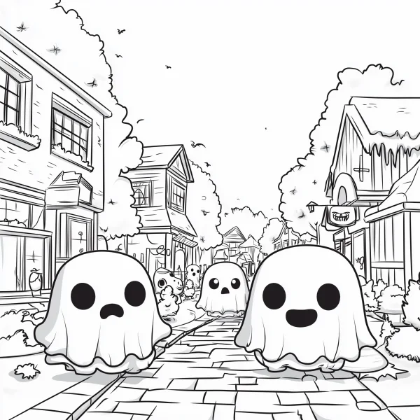 Cute cartoon ghosts on stone-paved town street, halloween theme — free printable town life coloring book page