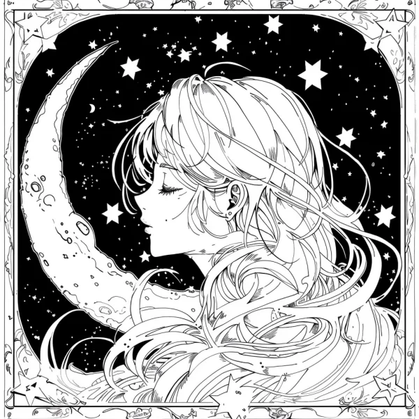 Long-haired girl beside crescent moon, japanese anime style — free printable starry sky coloring book page