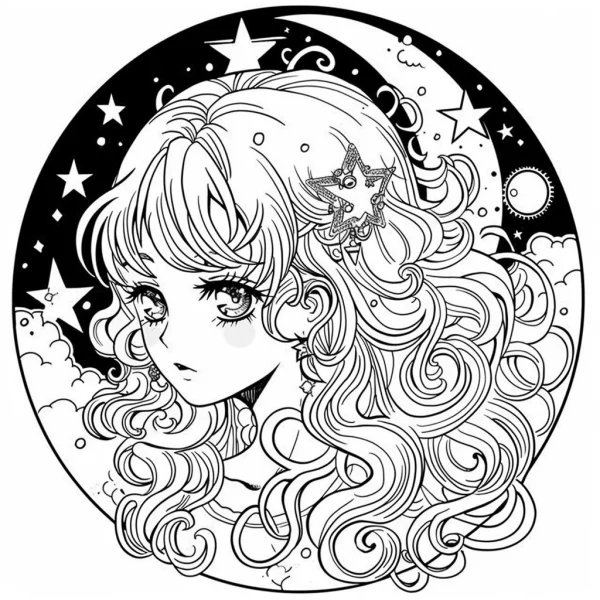 Curly hair girl with star hair accessory, cartoon fairy tale style — free printable starry sky coloring book page