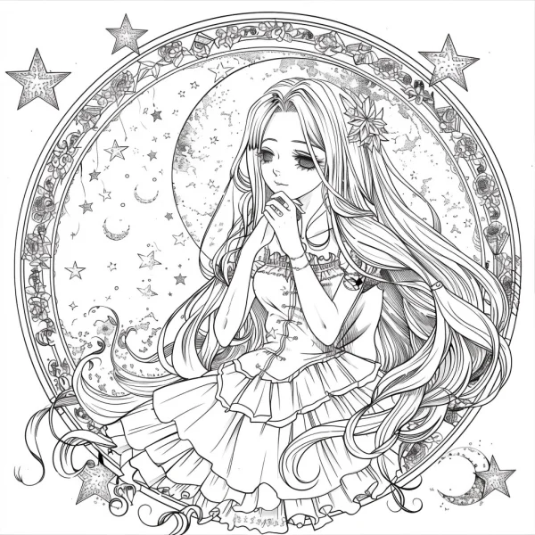 Starry sky long-haired fairy tale girl, japanese anime style — free printable starry sky coloring book page
