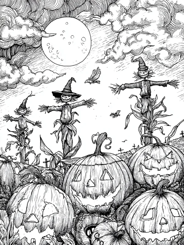 Halloween jack-o'-lanterns and scarecrows in a farm field under full moon, sketch style — free printable farm coloring book page